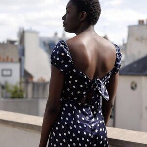 Mirae Silk navy polka dot jumpsuit with bow in the back ( floor length)